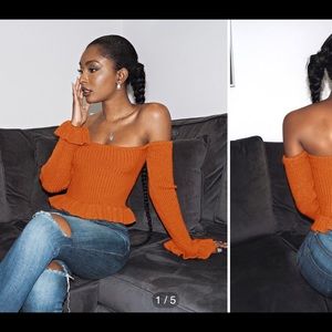 Orange Off Shoulder Ruffle Trim Rib-Knit Sweater